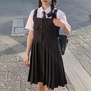 Short-sleeve Tie-neck Shirt / Sleeveless Button-up Mini Dress
