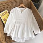 Plain V-neck Lace-trim Panel Long-sleeve Top White - One Size