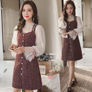 Set: Long-sleeve Lace Top + Embellished Pinafore Dress