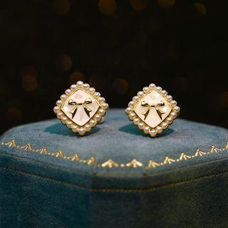 Square Bow Faux Pearl Alloy Earring 1 Pair - Gold & White - One Size