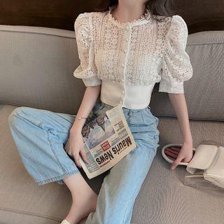 Short-sleeve Lace Panel Cropped Cardigan