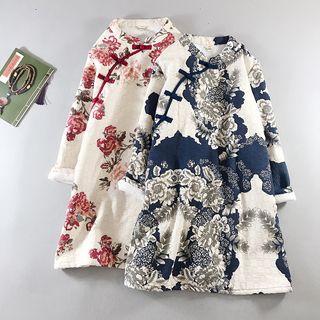 Fleece-lined Flower Print Qipao