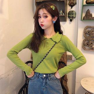 Long-sleeve Lettuce Edge Polo Knit Top