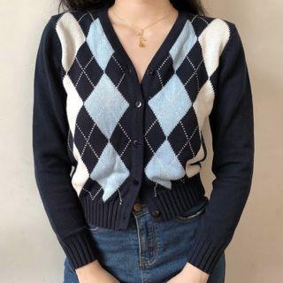 Argyle Cardigan Dark Blue - One Size
