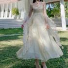 Open Front Long Light Jacket / V-neck Midi Spaghetti Strap A-line Dress