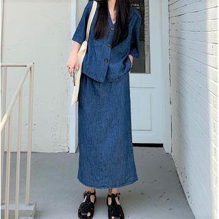 Elbow-sleeve Denim Shirt / Denim Midi Pencil Skirt