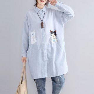 Cat Embroidered Striped Shirt Dress