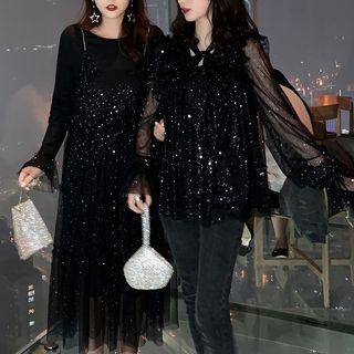 Long-sleeve T-shirt / Sequin Mesh Blouse / Spaghetti-strap Midi Mesh Dress / Set