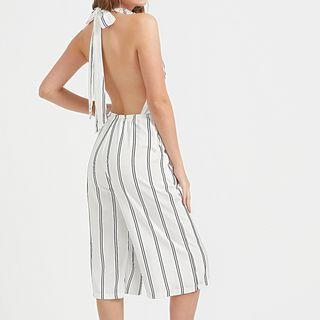Halter-neck Striped Cropped Jumpsuit