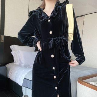 Long-sleeve Button-up Frill Trim Velvet Midi Dress