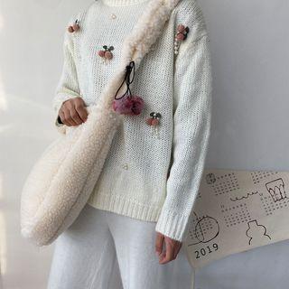 Cherry Applique Furry Crossbody Bag Beige - One Size