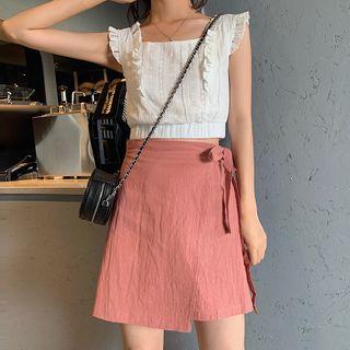 Ruffled-trim Sleeveless Plain Top / Asymmetric Hem Mini Skirt