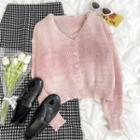 Set: Plain Knit Cropped Camisole + Long-sleeve Plain Knit Cardigan Set - One Size
