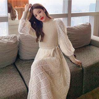 Long-sleeve Lace Tie-waist Midi A-line Dress