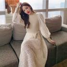 Long-sleeve Lace Tie-waist Midi A-line Dress