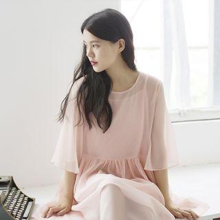 Set: Elbow-sleeve Midi Chiffon Dress + Strappy Dress