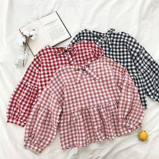 Plaid Ribbon Lace-up Puff-sleeve Top