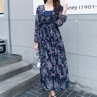 Set: Printed Long Sleeve Chiffon Dress + Slipdress