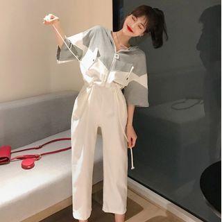 Elbow-sleeve Color Block Hooded Cropped Jumpsuit