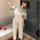Elbow-sleeve Color Block Hooded Cropped Jumpsuit