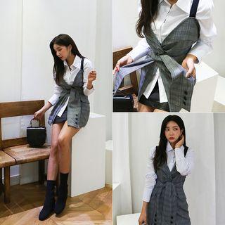 Sleeveless Tie-waist Checked Tunic Check - One Size