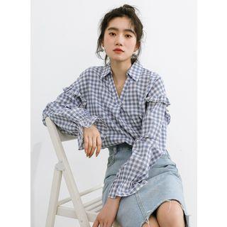 Plaid Ruffle Trim Blouse Plaid - Grayish Blue - One Size