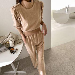 Turtleneck Terry Blouson Top & Boot-cut Sweatpants Set