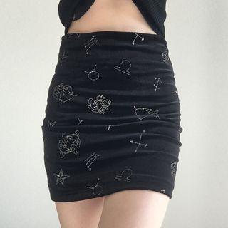 Zodiac Embroidered Mini Velvet Pencil Skirt