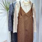 Set: Long-sleeve Lace Top + Spaghetti Strap Dotted A-line Dress