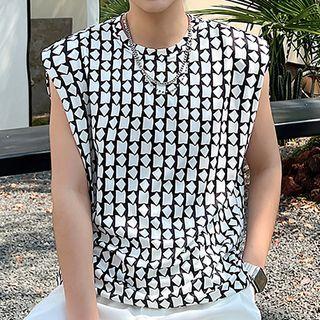 Sleeveless Shoulder Padded Geometric Print T-shirt