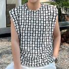 Sleeveless Shoulder Padded Geometric Print T-shirt