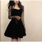 Mesh Panel Bell-sleeve Mini A-line Velvet Dress Black - One Size