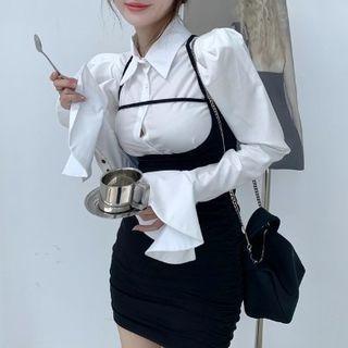 Long-sleeve Plain Blouse / Mini Sheath Overall Dress