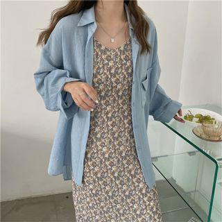 Striped Shirt / Spaghetti Strap Floral Print Midi A-line Dress