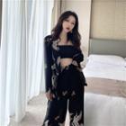Crane Print Shirt / Wide-leg Pants
