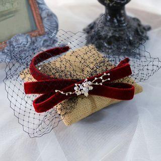 Faux Pearl Mesh Bow Headband 1pc - Red - One Size