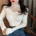 Mock Neck Lace Panel Long-sleeve Top