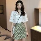 Set: Printed Short-sleeve Blouse + Plaid A-line Skirt