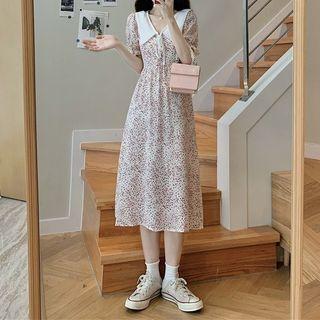 Short-sleeve Floral V-neck A-line Dress