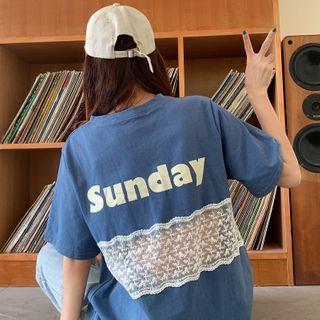 Short-sleeve Letter Printed Lace Panel T-shirt