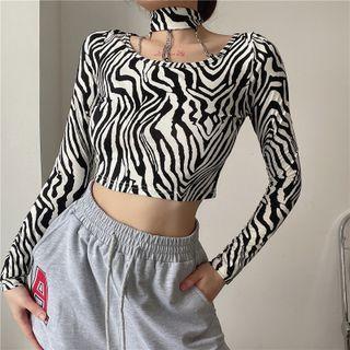 Long-sleeve Chain-accent Zebra Print Crop Top