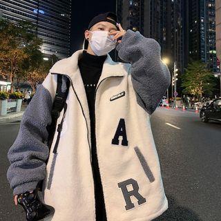 Long Sleeve Two Tone Letter Embroidered Lambswool Jacket