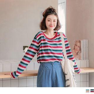 Slit-side Long Sleeve Striped T-shirt
