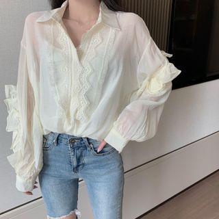Long-sleeve Lace Trim Blouse Light Yellow - One Size