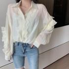 Long-sleeve Lace Trim Blouse Light Yellow - One Size