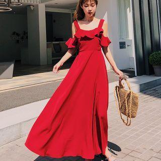 Short-sleeve Cold Shoulder Frill Trim Maxi A-line Dress