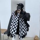 Checkerboard Faux Leather Panel Baseball Jacket