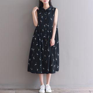 Crane Print Sleeveless Chiffon Dress