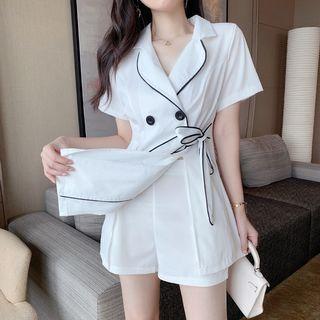 Set: Short Sleeve Double Breast Shirt+ High Waist Shorts