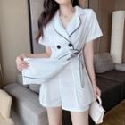 Set: Short Sleeve Double Breast Shirt+ High Waist Shorts
